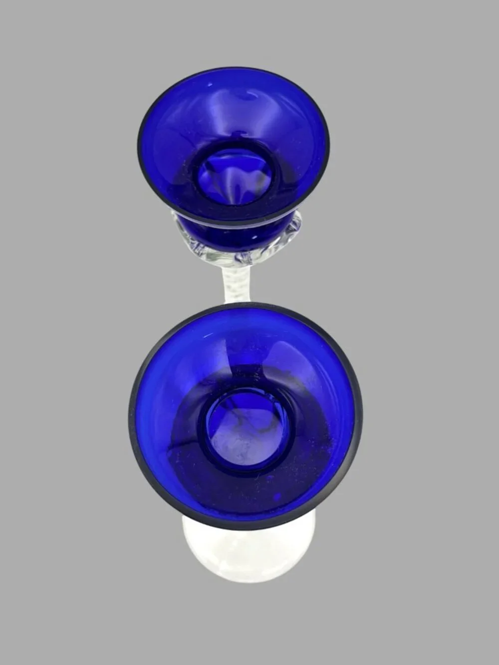 Vintage Romanian Hand Blown Art Glass Cobalt Blue Twist Stem Candle Holders Pair